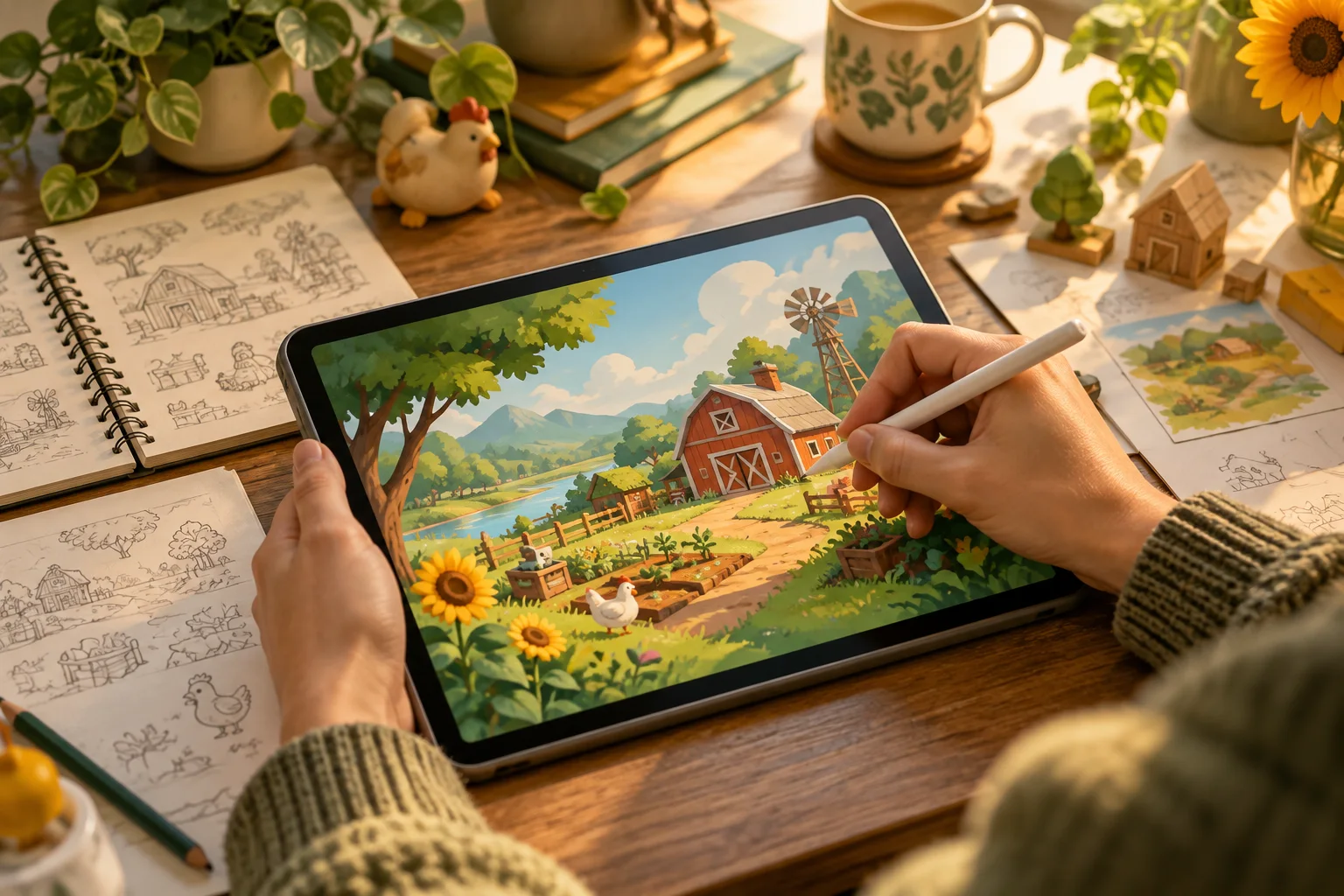 Tekenen van een landbouwscène op een tablet